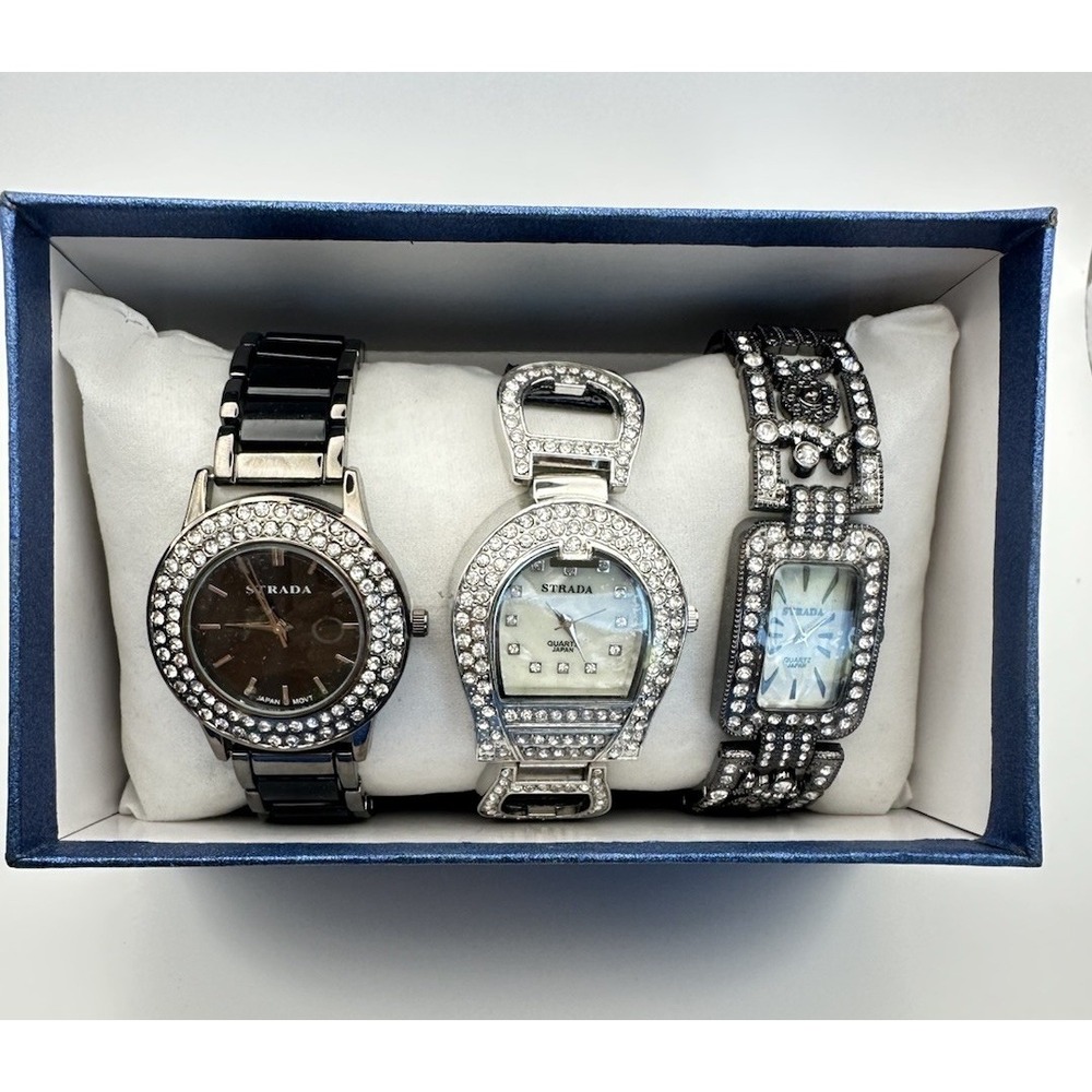 Vintage Women's Strada Genoa Bulk Watch Lot of 3 New in Box Black Silver